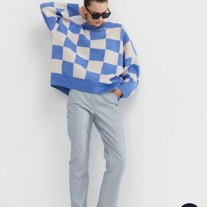 OAK + FORT oversized blue and cream crewneck sweater checkered jacquard knit XS